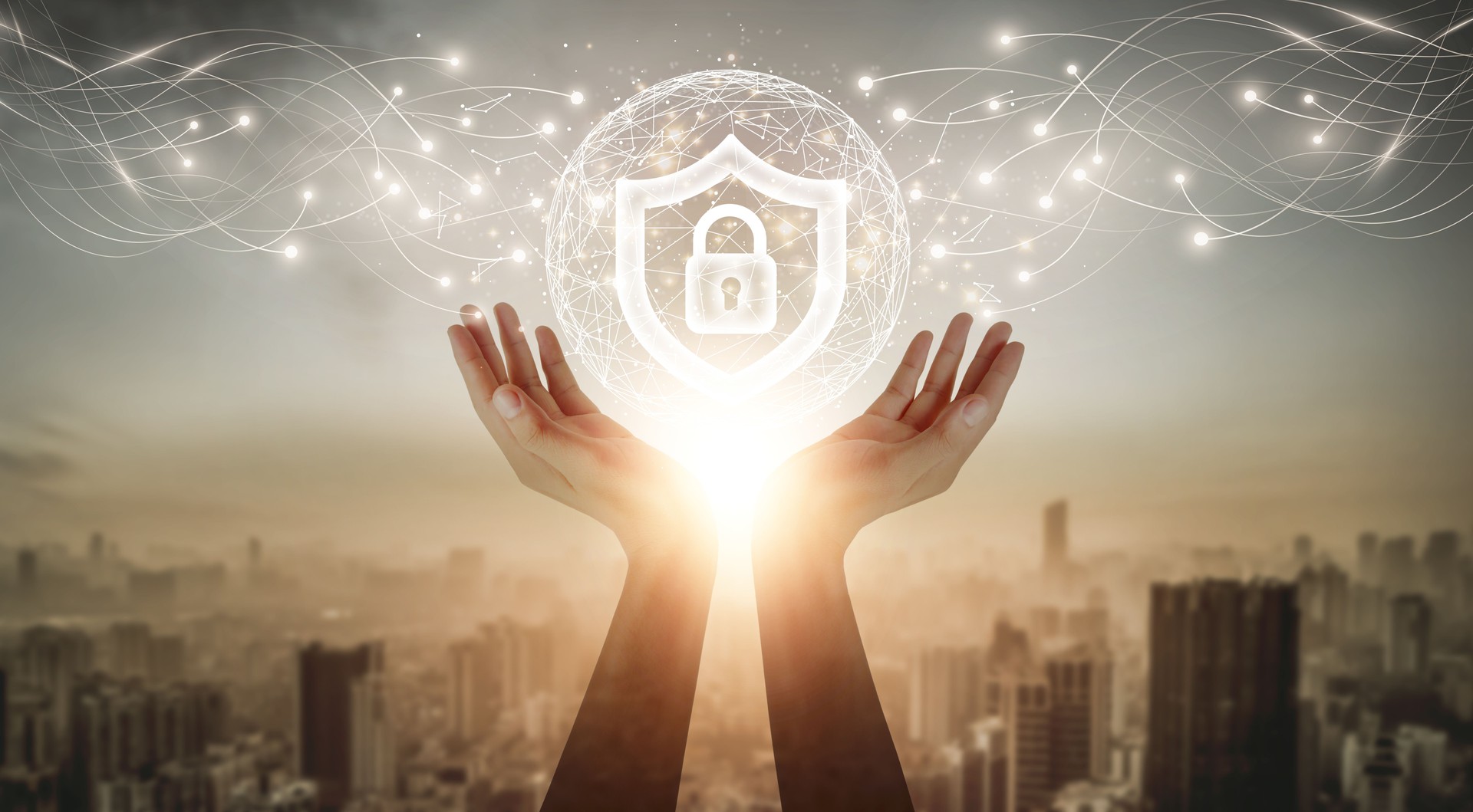 Cybersecurity professional safeguarding global network and ensuring secure connections on city background, utilizing advanced technology in protecting data and maintaining digital resilience.